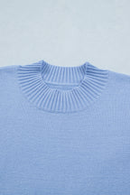 Solid Color Ribbed Trim Round Neck Ruffle Short Sleeve Sweater