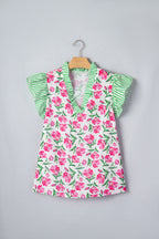 Multicolour Sweet Floral Print Striped Ruffle Trim V Neck Blouse