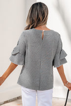 Black Plaid Bow Ruffled Half Sleeve Round Neck Blouse