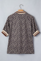 Khaki Leopard Print Half Zip Striped Trim Patchwork Short Sleeve Top