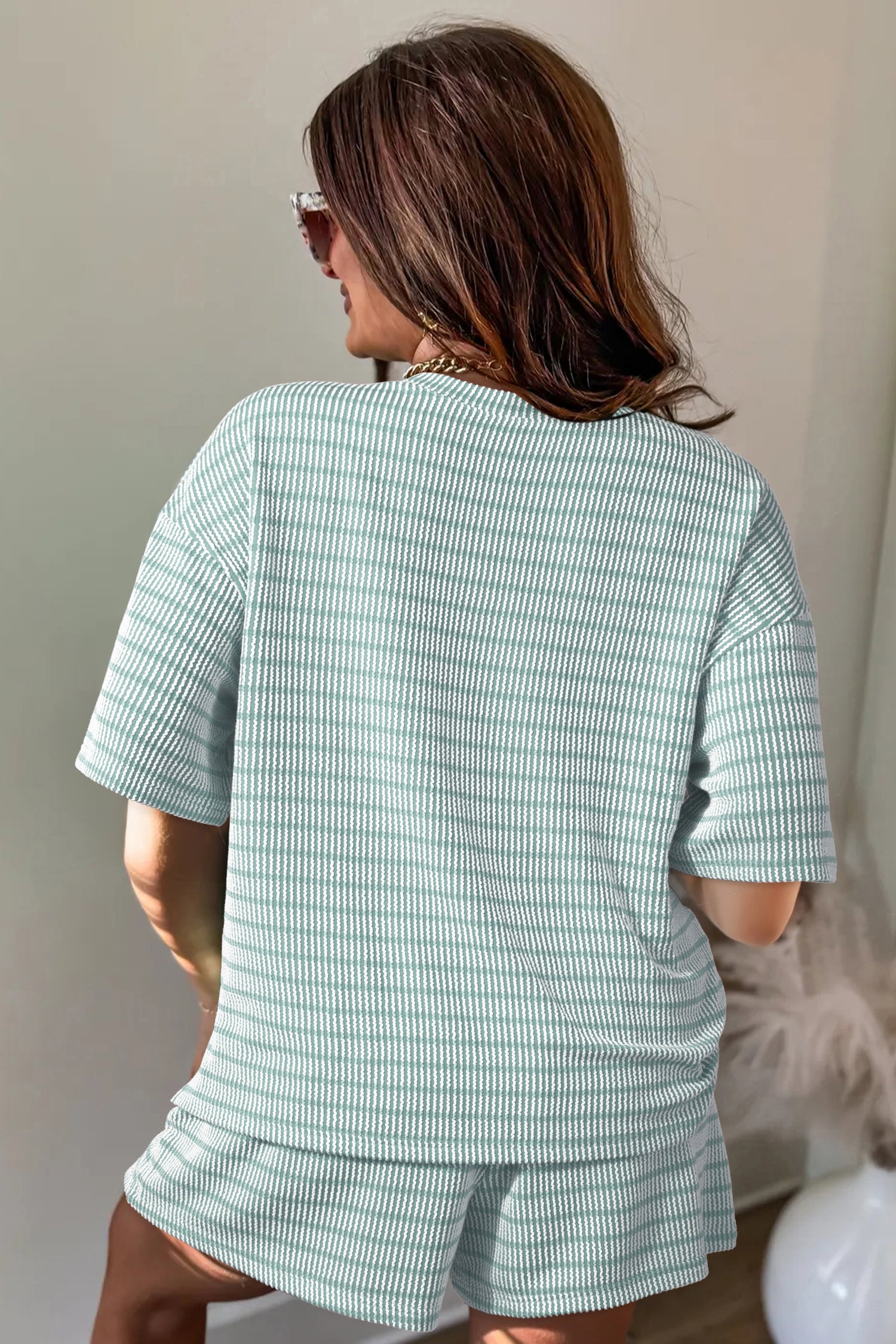 Striped Raised Rib Loose Tee Drawstring Elastic Waist 2pcs Short Set