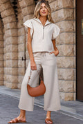 Textured Ruffled Sleeve Zipped Top and Wide Leg Pants Set