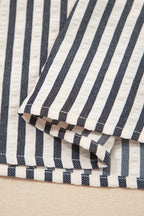 Black Stripe Polo Collar Half Zip Short Puff Sleeve Blouse