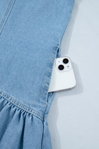 Beau Blue Button Down Short Puff Sleeve Ruffle Hem Patchwork Denim Dress