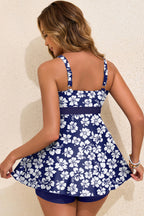 Blue Floral Print Patchwork Bow Knot Detail Sleeveless Swim Dress