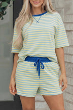 Striped Drop Shoulder Boxy Casual Terry Short Set
