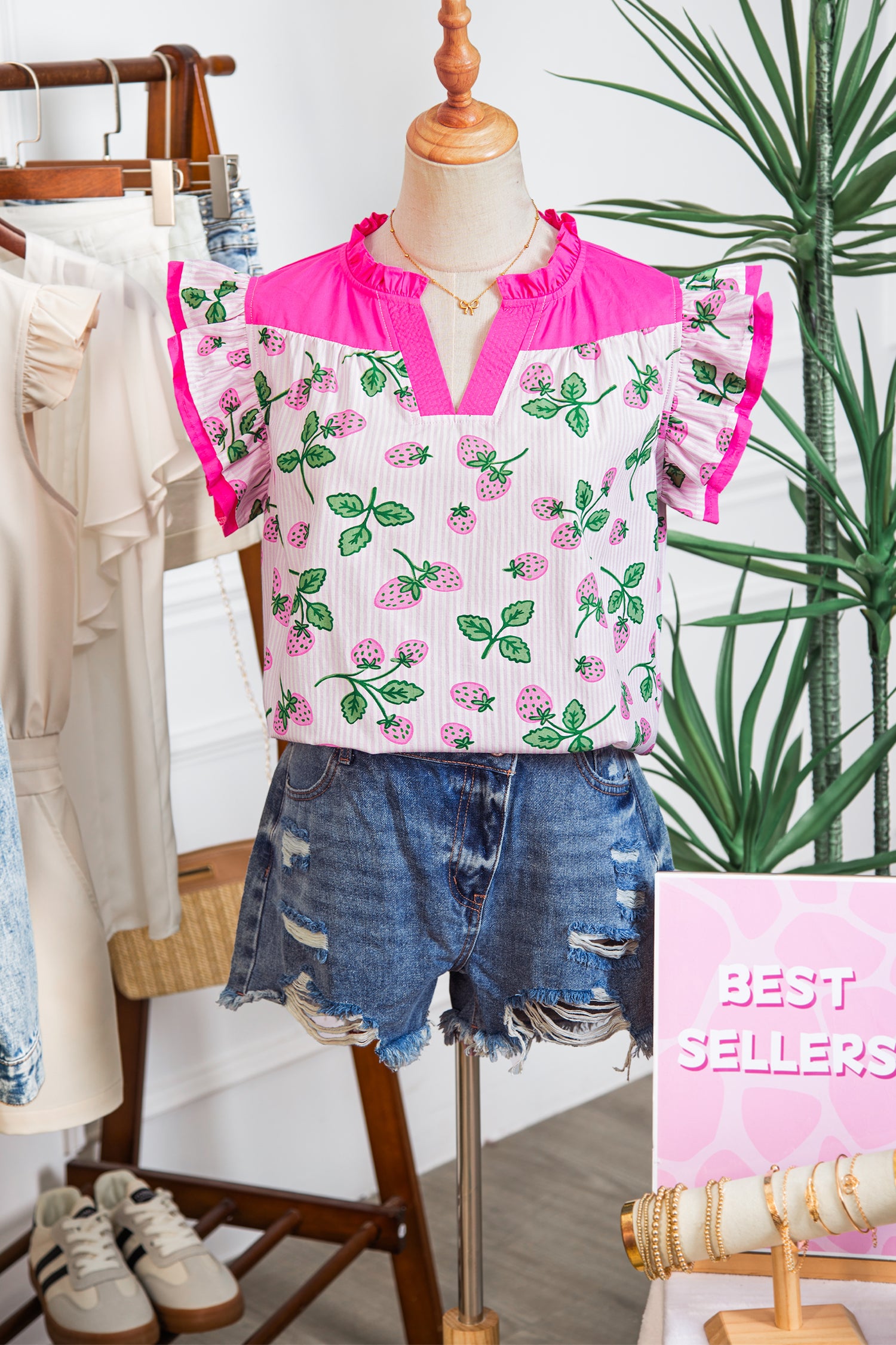 Pink Striped Strawberry Printed Color Block Patchwork V Neck Flutter Sleeve Blouse