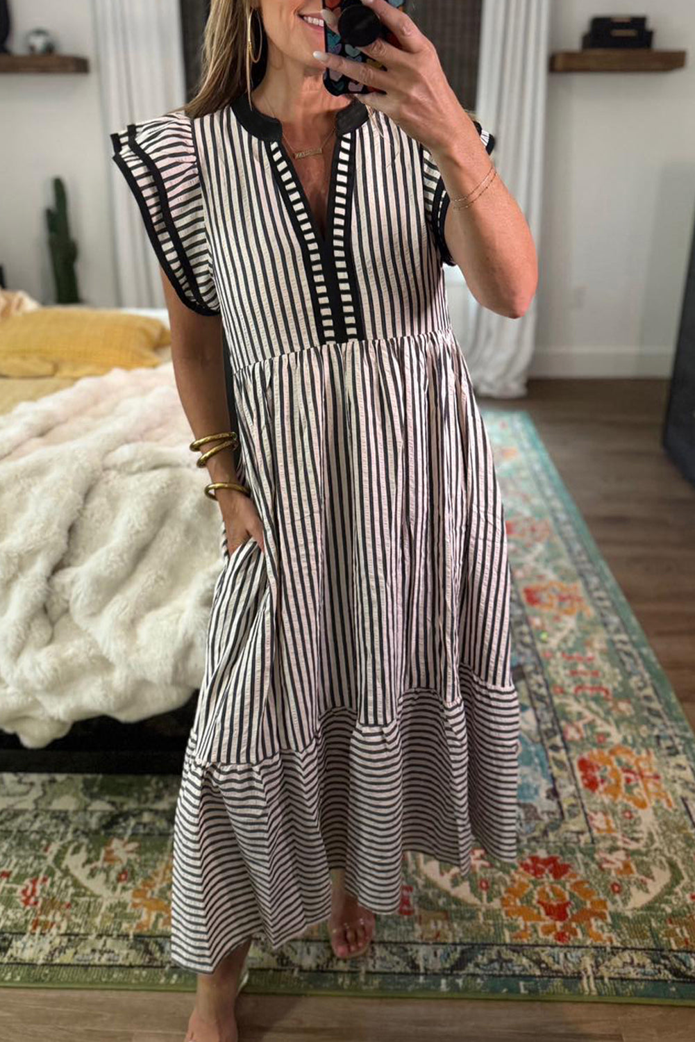 Striped Double Ruffled Short Sleeve Contrast Trim V Neck Midi Dress