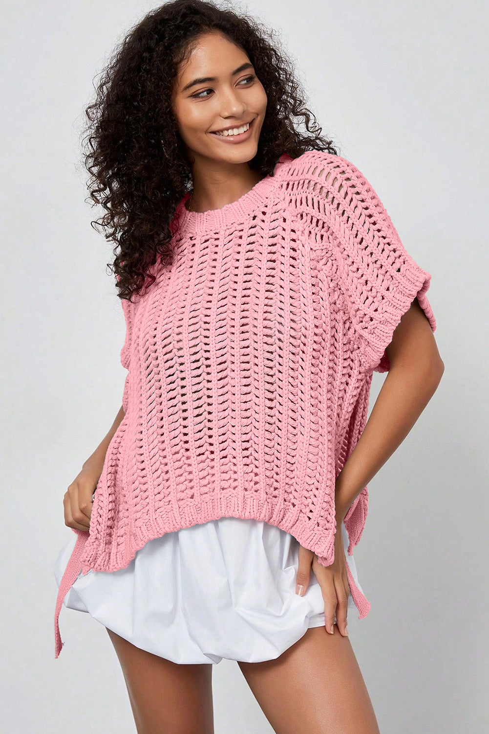 Plus Size Open Knit Bow Tie Short Sleeve Sweater