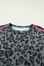 Leopard Print Varsity Striped Trim Long Sleeve Top