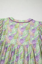 Green Boho Paisley Print Half Puff Sleeve Blouse