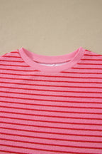 Rose Stripe Side Split Knit Tee Drawstring Shorts Set
