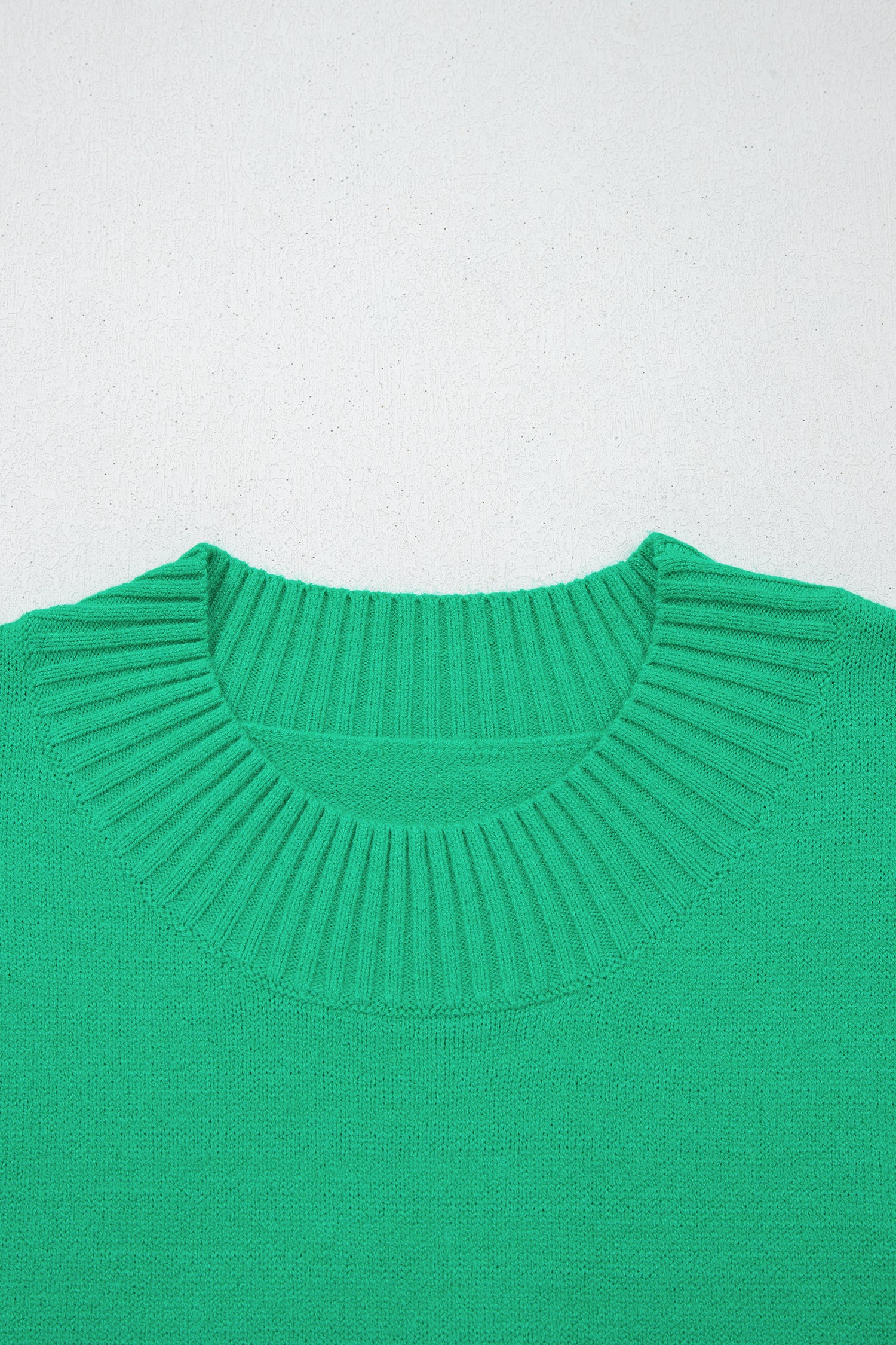 Solid Color Ribbed Trim Round Neck Ruffle Short Sleeve Sweater