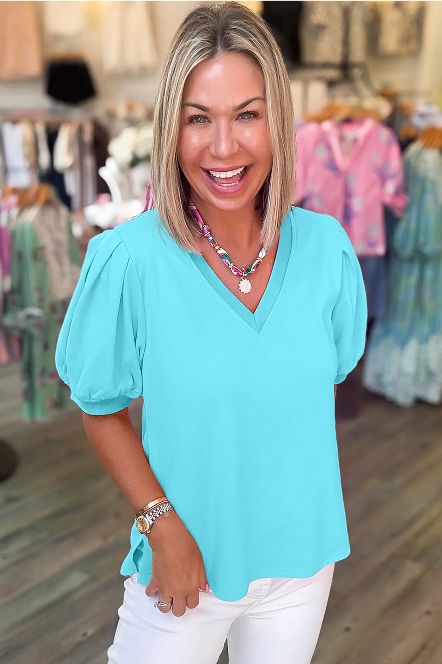 Solid Colour V Neck Short Puff Sleeve Blouse