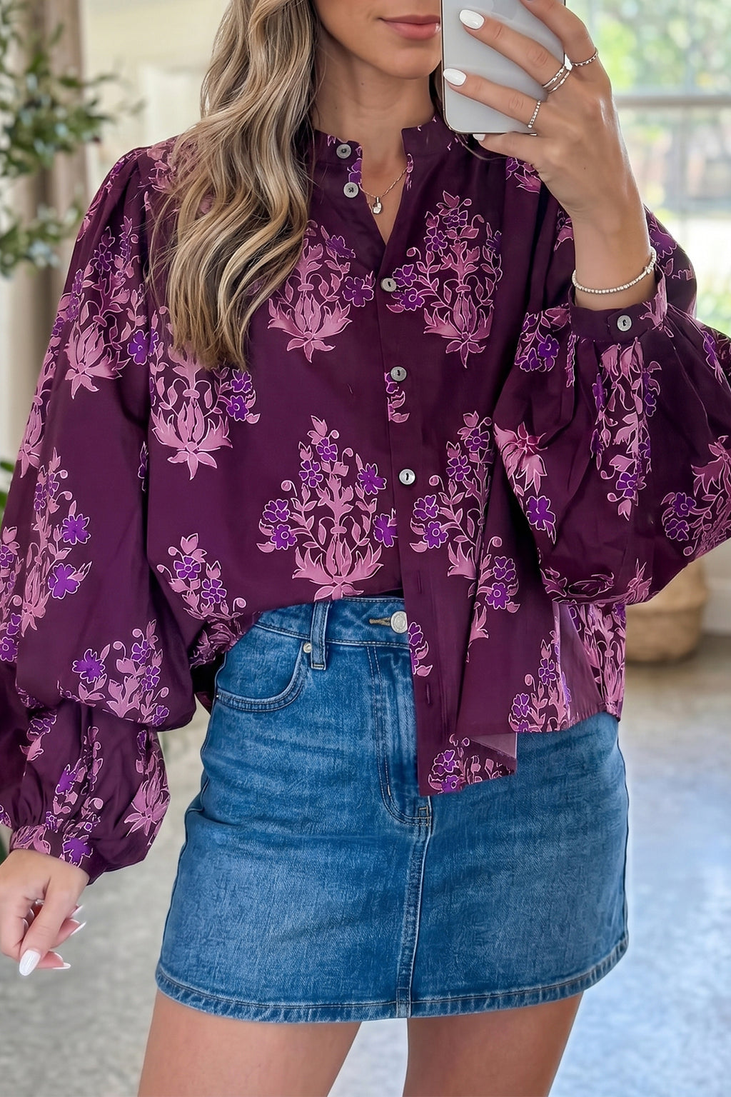 Purple Floral Print Button Front Long Sleeve Round Neck Casual Shift Top