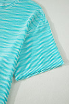 Striped Raised Rib Loose Tee Drawstring Elastic Waist 2pcs Short Set