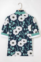 Blue Floral Print Striped Patchwork V Neck Short Sleeve Blouse