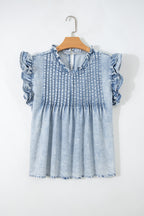 Beau Blue Ruffle Pleated Detail Vintage Washed Denim Top