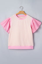 Pink Stripe Ruffled Short Sleeve Patchwork Blouse