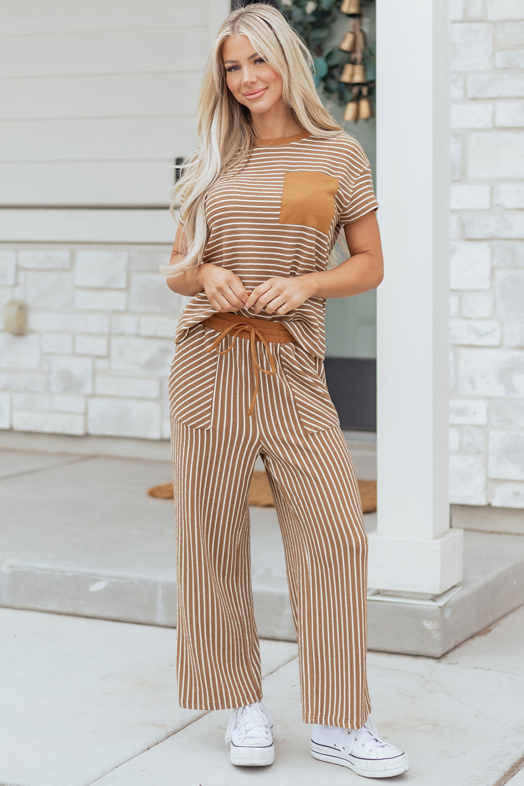 Striped Crew Neck Tee Drawstring Waist Cropped Pants Set