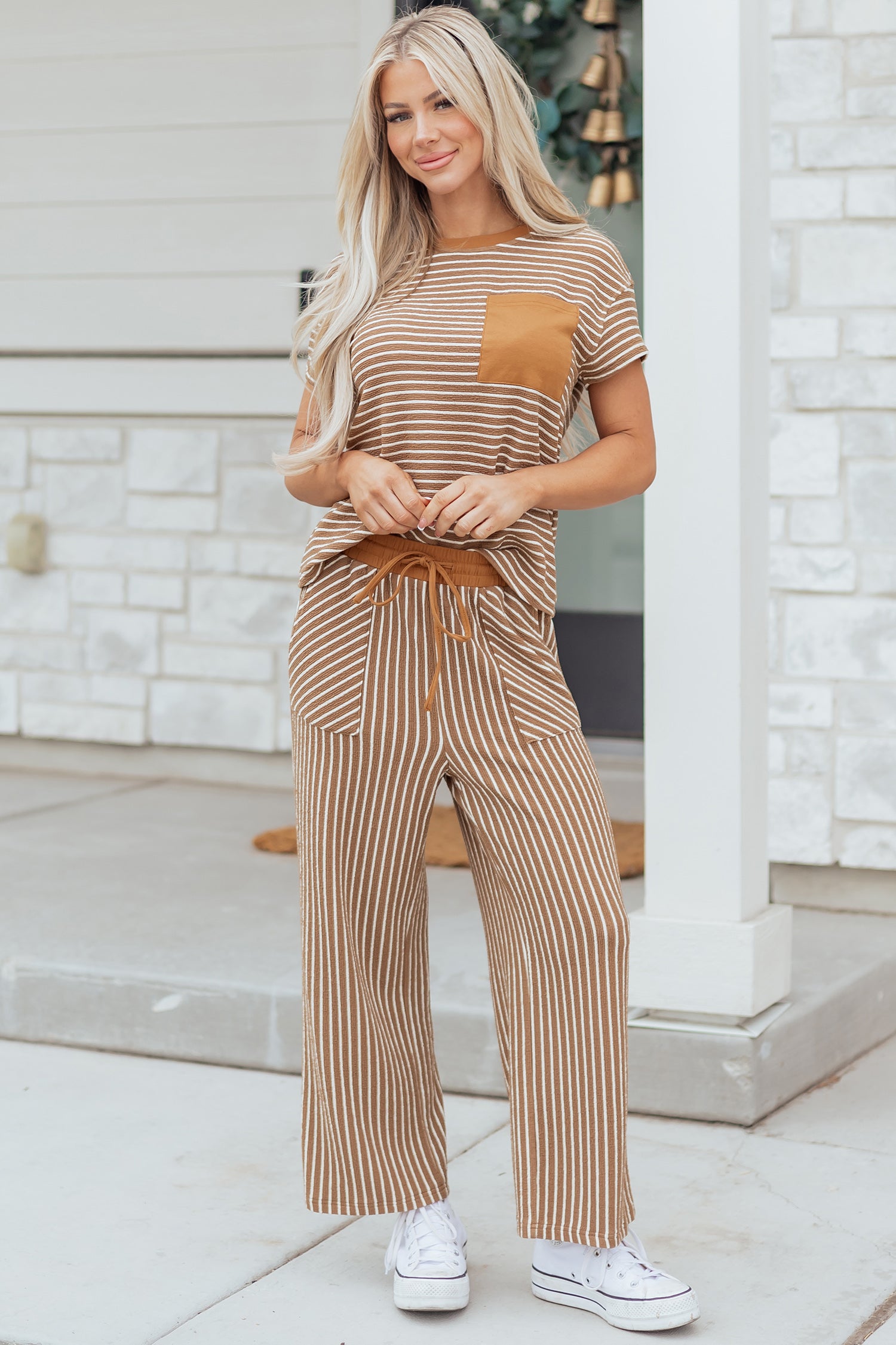 Striped Crew Neck Tee Drawstring Waist Cropped Pants Set