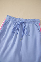 Preppy Striped Trim V Neck Polo Tee Drawstring Skirt Set