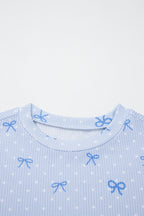 Sky Blue Valentines Bow Print Twisted Rib Loose Long Sleeve Top 2pcs Short Set
