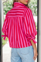 Red Stripe Tie Puff Sleeve Womens Button Down Shirt