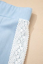 Beau Blue Lace Accent Floral Patched Pocket Pleated Wide Leg Slouchy Pants