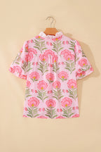 Pink Sweet Blooms Ruffle Striped Trim Puff Sleeve Shirt
