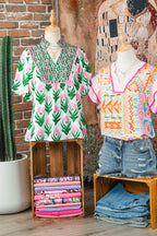 Multicolour Floral Print Puff Sleeve Contrast Bordered V Neck Blouse