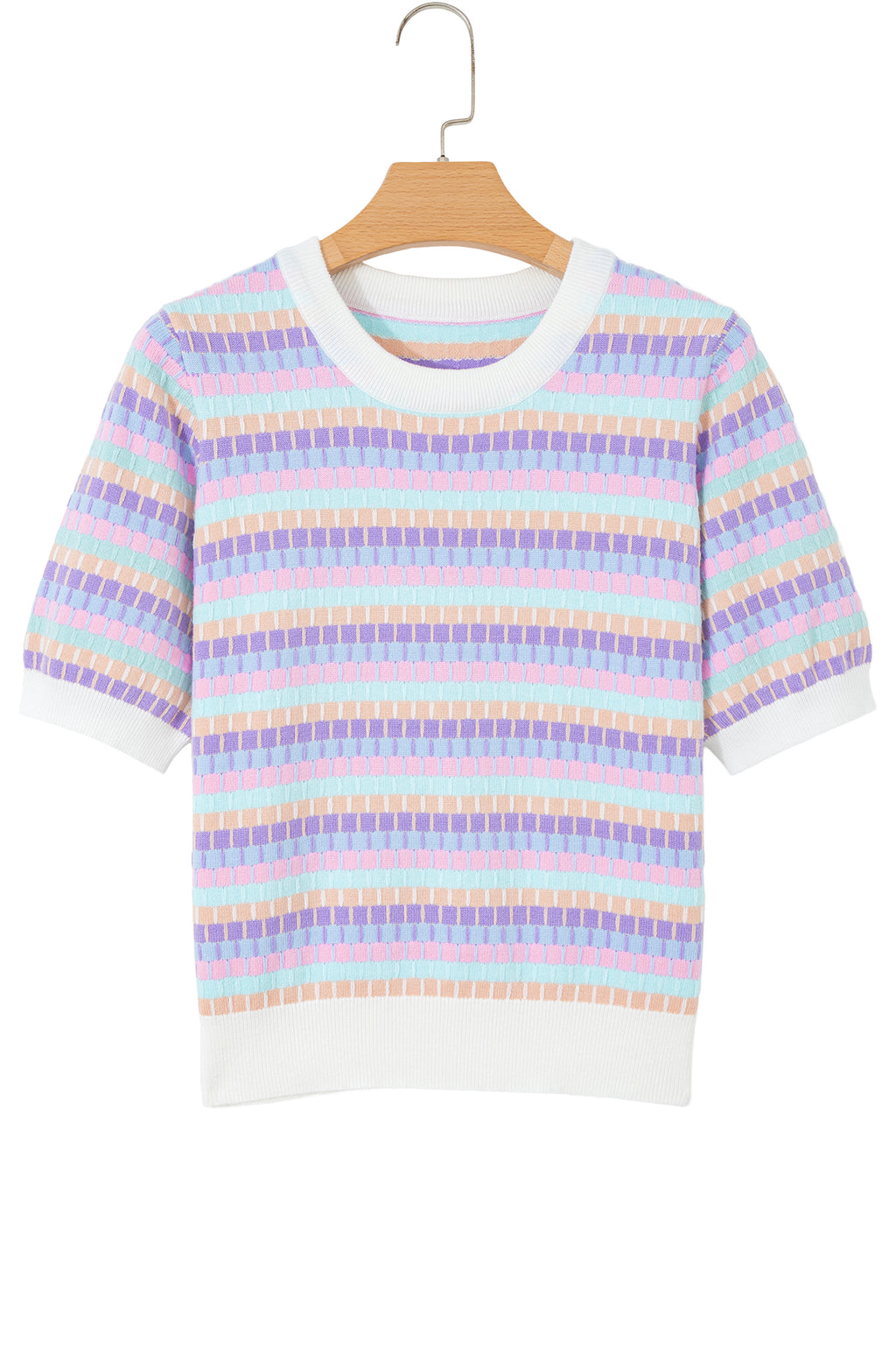 Abstract Striped Knit Short Sleeve Sweater