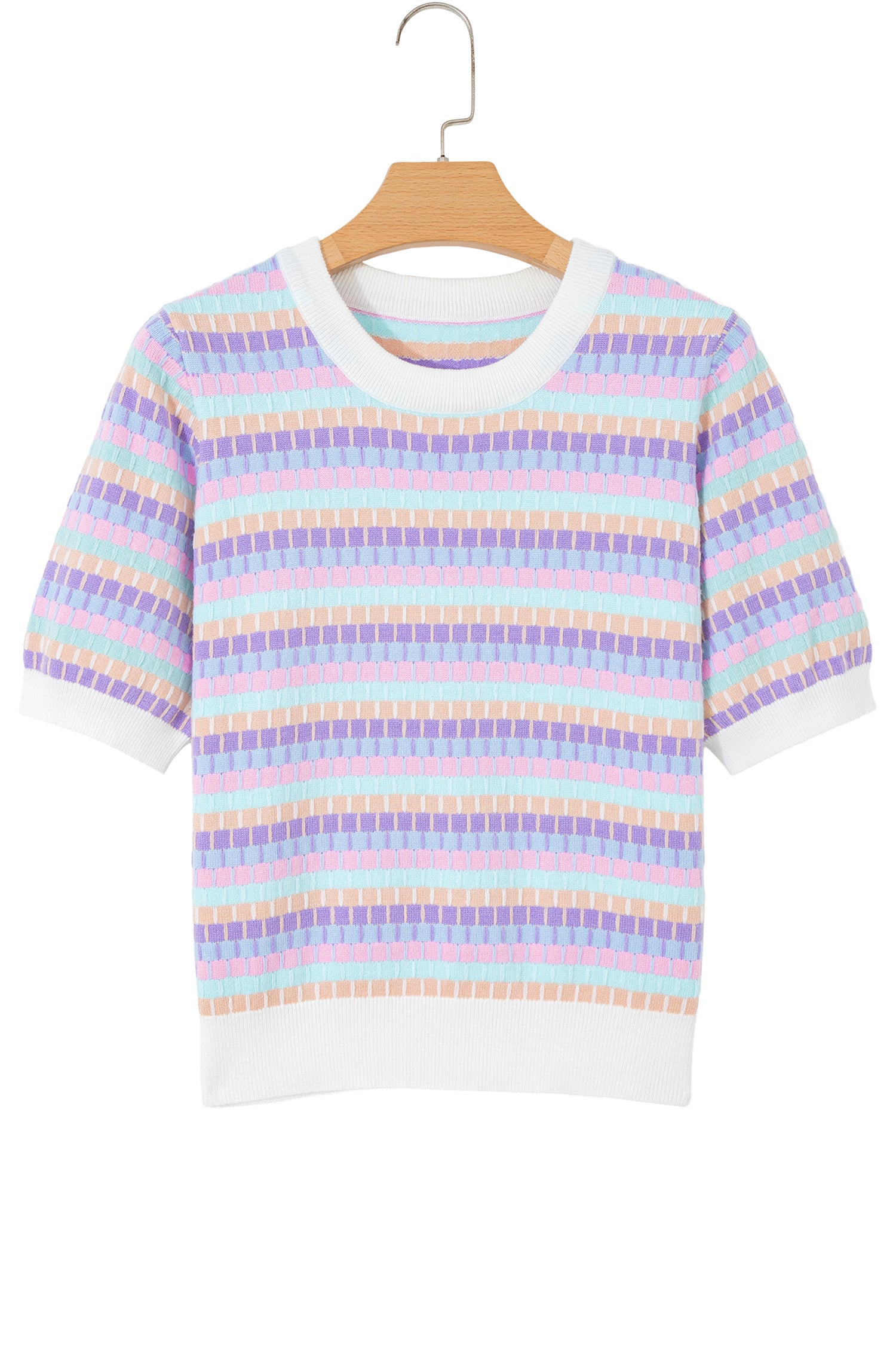 Abstract Striped Knit Short Sleeve Sweater