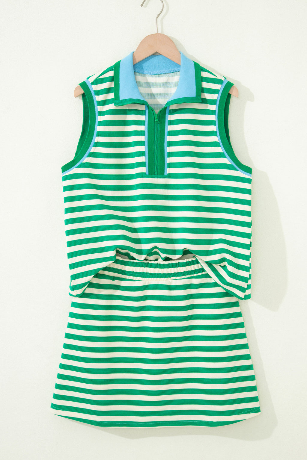Textured Stripe Print Contrast Trim Zip Collar Sleeveless 2pcs Skort Set