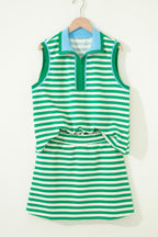 Textured Stripe Print Contrast Trim Zip Collar Sleeveless 2pcs Skort Set