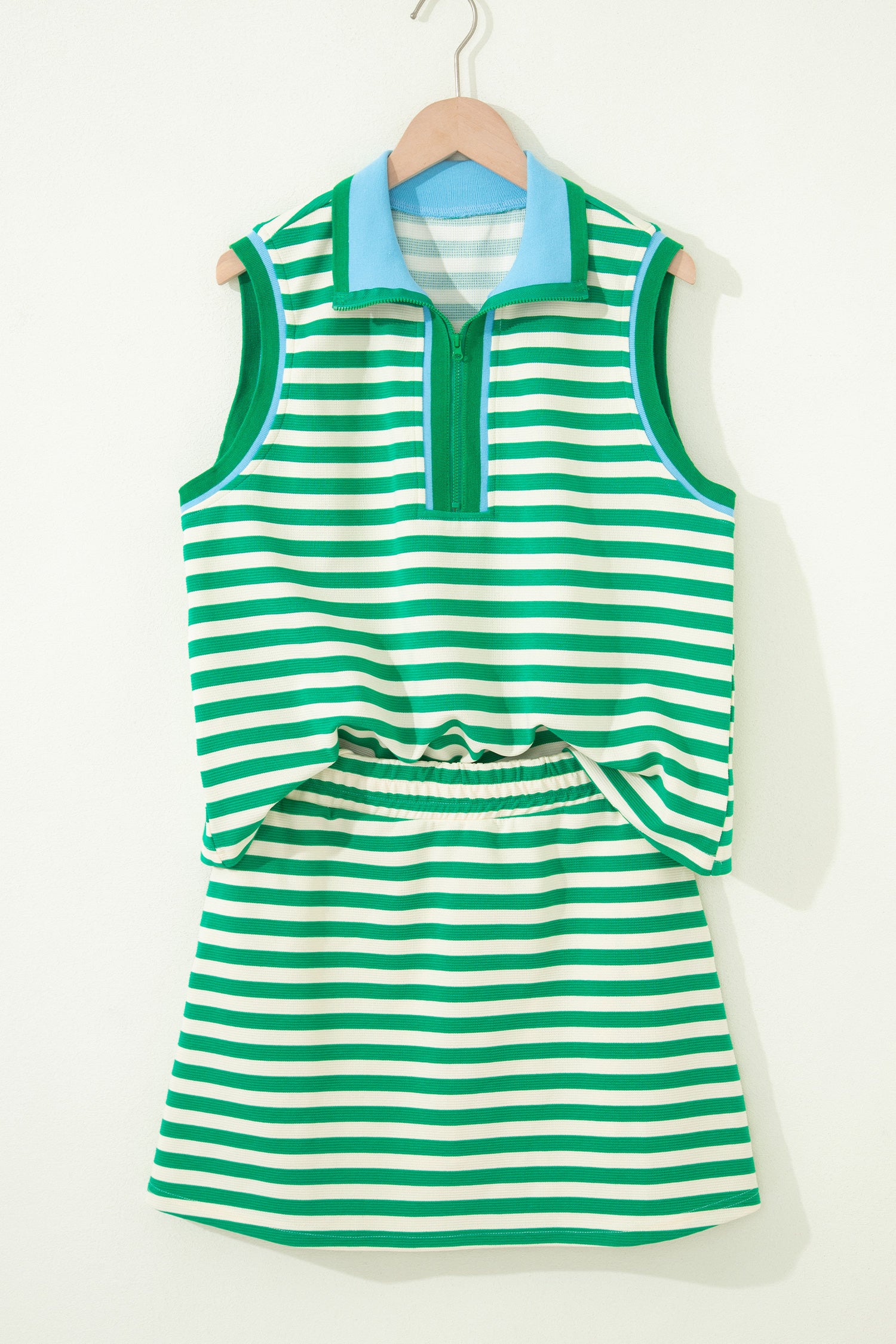 Textured Stripe Print Contrast Trim Zip Collar Sleeveless 2pcs Skort Set