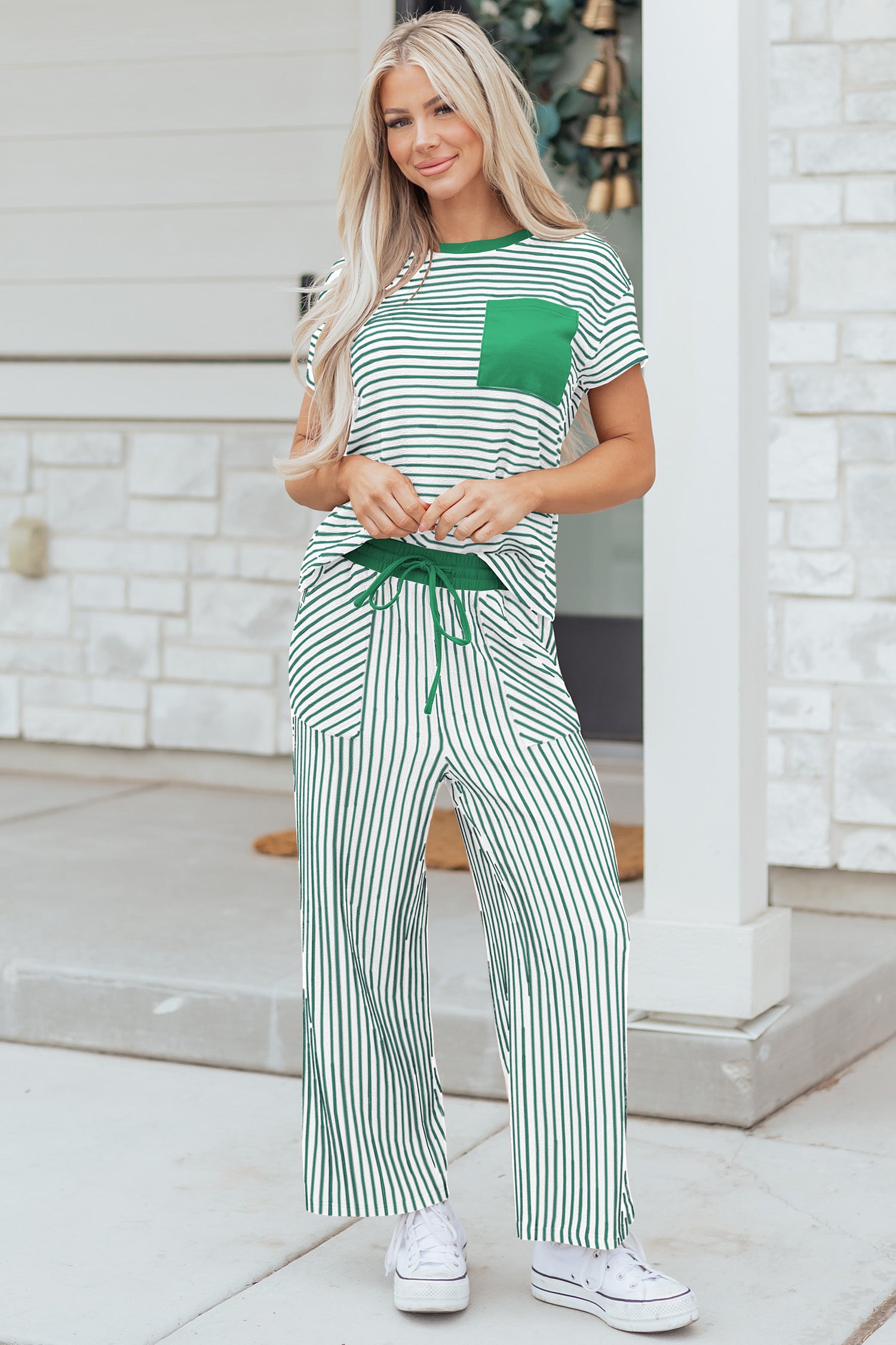 Striped Crew Neck Tee Drawstring Waist Cropped Pants Set