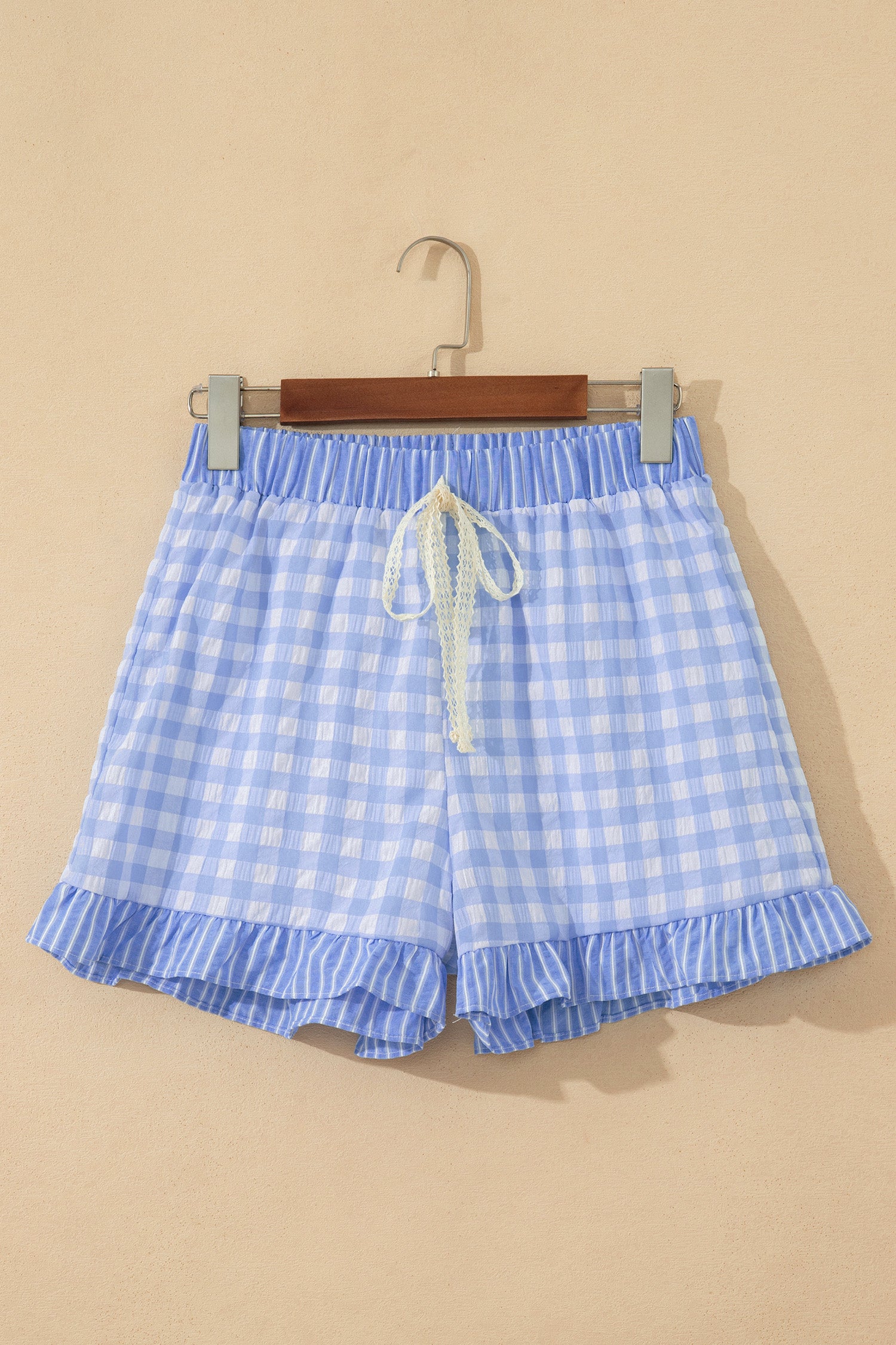 Gingham Print Ruffle Striped Detail Lace Tie Shorts