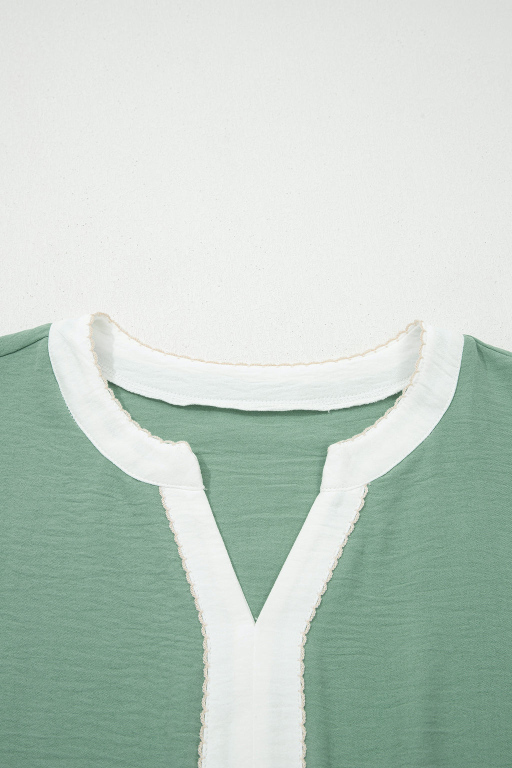 Smoke Green Color Block Patchwork V Neck Embroidered Puff Sleeve Babydoll Blouse