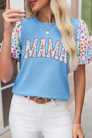 Light Blue Floral Sleeve Mama Graphic Top with Textured Knit