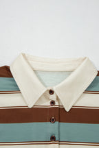 White Stripe Button Polo Collar Tee Drawstring Elastic Waist Patchwork 2pcs Short Set