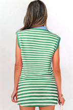 Textured Stripe Print Contrast Trim Zip Collar Sleeveless 2pcs Skort Set