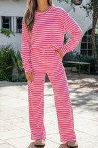 Rose Stripe Drop Shoulder Round Neck Top and Buttoned Straight Pants Two Piece Set