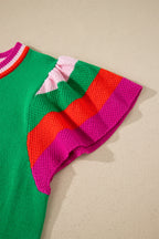 Bright Green Shiny Lucky Striped Flutter Sleeve Round Neck Sweater