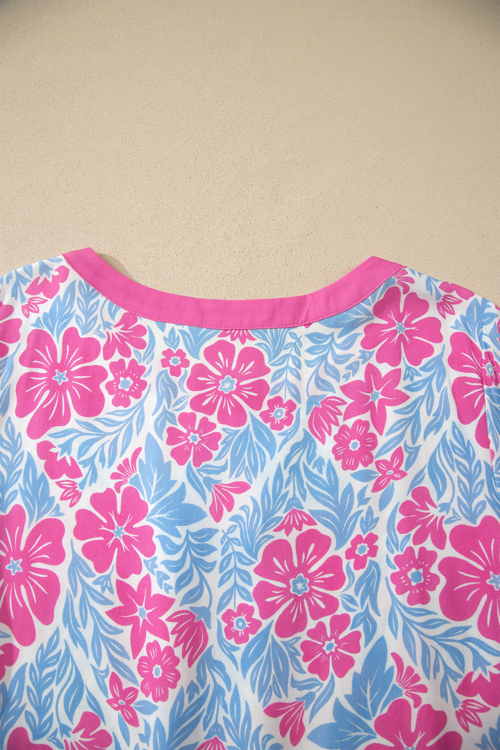 Purple Floral Print Ruffled Color Block Trim Half Sleeve Blouse