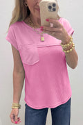 Solid Coluor Raw Seam Waffled Patchwork Casual T Shirt