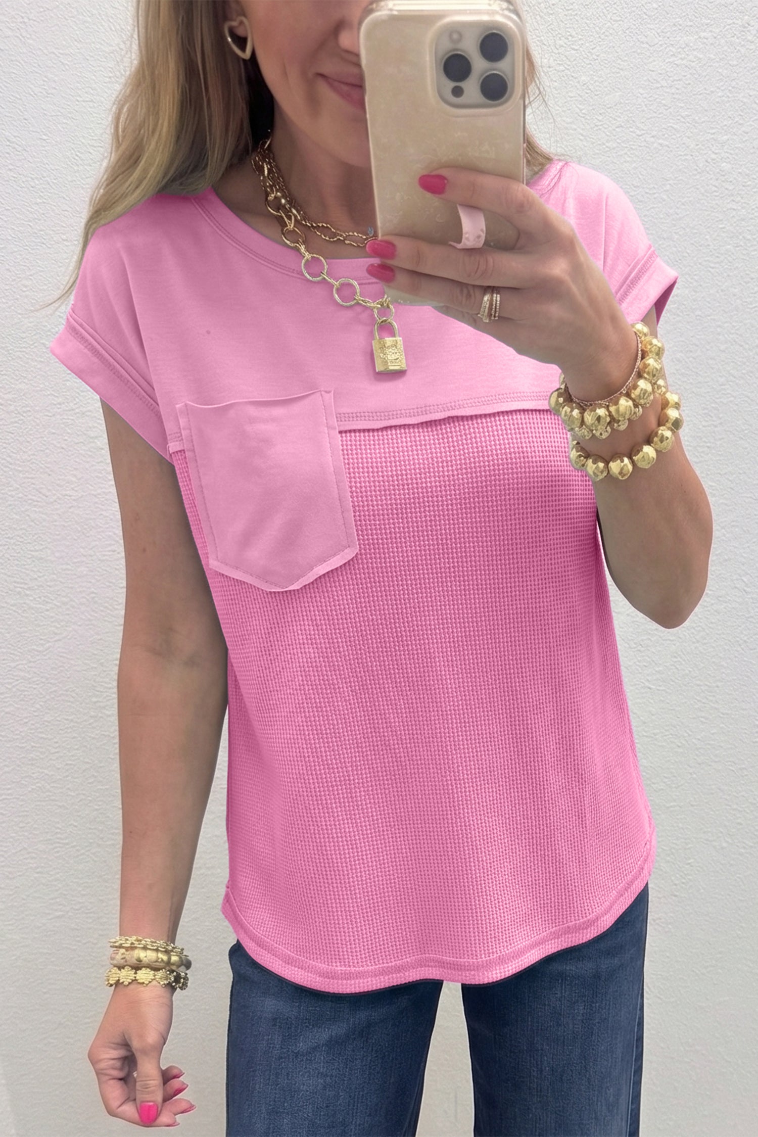 Solid Coluor Raw Seam Waffled Patchwork Casual T Shirt