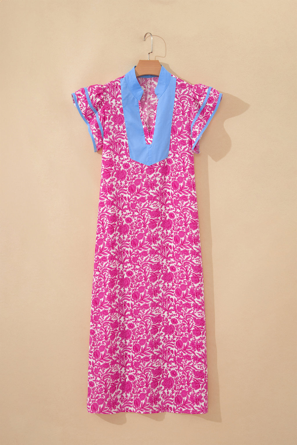 Floral Print Color Block Patchwork V Neck Short Sleeve Midi Dress