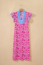 Floral Print Color Block Patchwork V Neck Short Sleeve Midi Dress