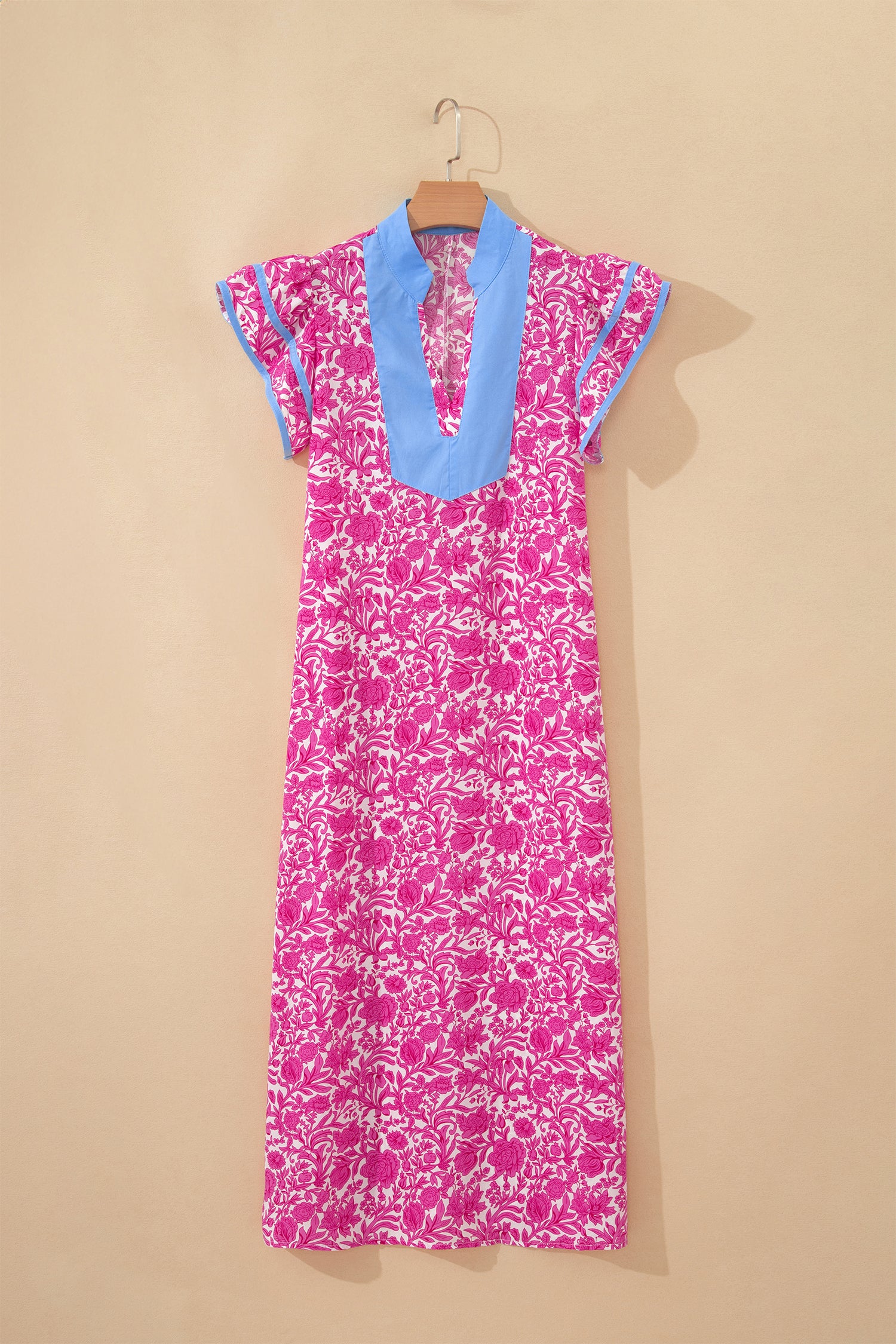Floral Print Color Block Patchwork V Neck Short Sleeve Midi Dress